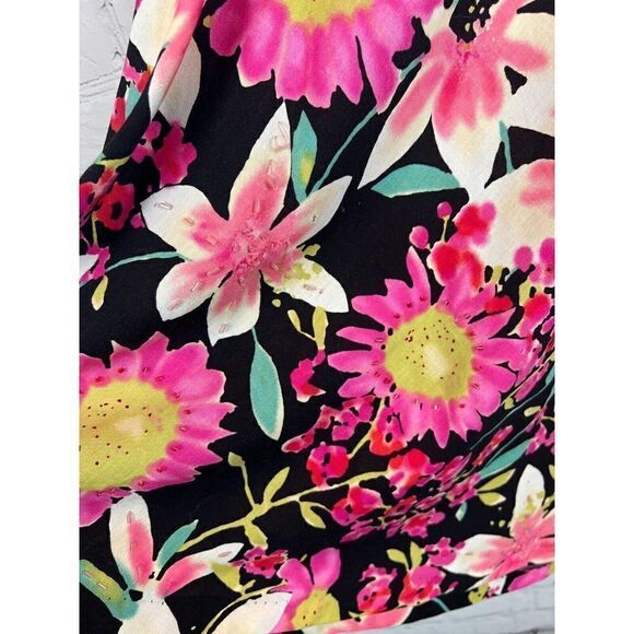 NAPA VALLEY black floral linen rayon blouse A-line beaded skirt suit 12-14 - Picture 8 of 10